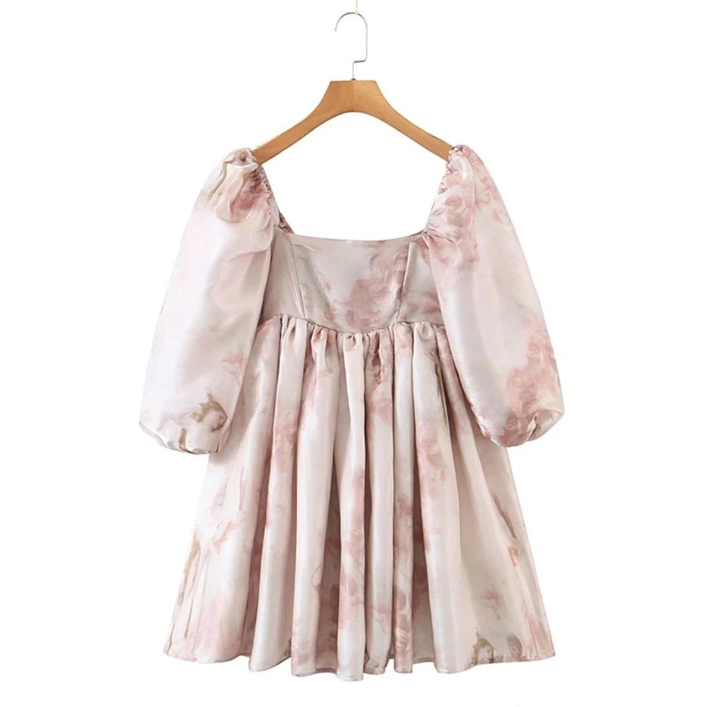 Renaissance art print puff sleeve babydoll dress